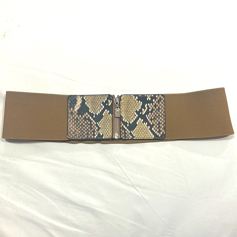 New York & Company Adjustable stretchable print neutral beige zipper dress belt